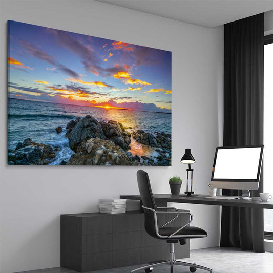 Beach and coastal wall art print of Golden Coast Horizon on a stretched canvas displayed from an angle in a room