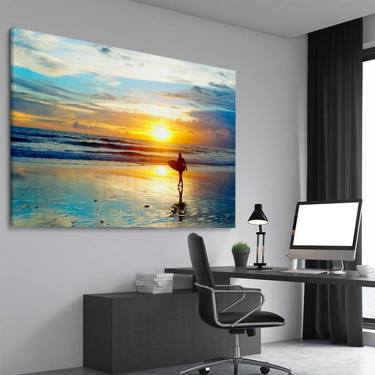 Beach and coastal wall art print of Last Surf at Sunset on a stretched canvas displayed from an angle in a room