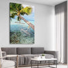 Beach and coastal wall art print of Maldives Hammock on a stretched canvas displayed from an angle in a room