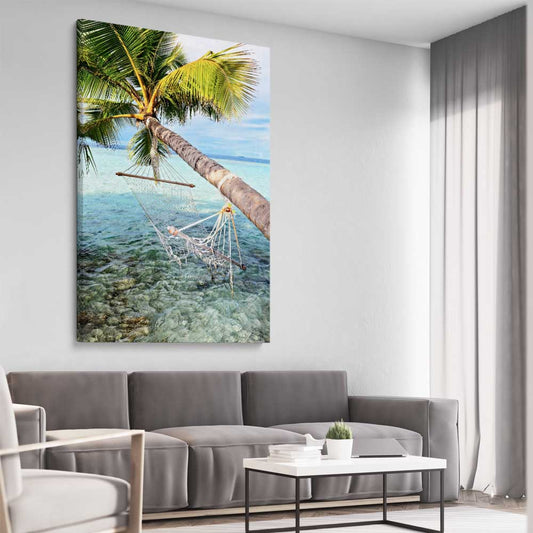 Beach and coastal wall art print of Maldives Hammock on a stretched canvas displayed from an angle in a room