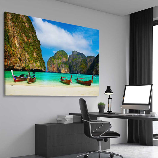 Beach and coastal wall art print of Maya Bay Beach on a stretched canvas displayed from an angle in a room