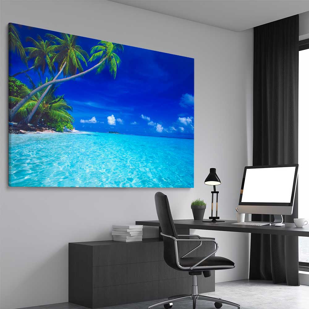 Beach and coastal wall art print of Paradise Shore on a stretched canvas displayed from an angle in a room