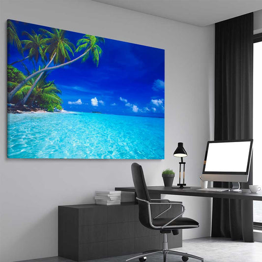 Beach and coastal wall art print of Paradise Shore on a stretched canvas displayed from an angle in a room