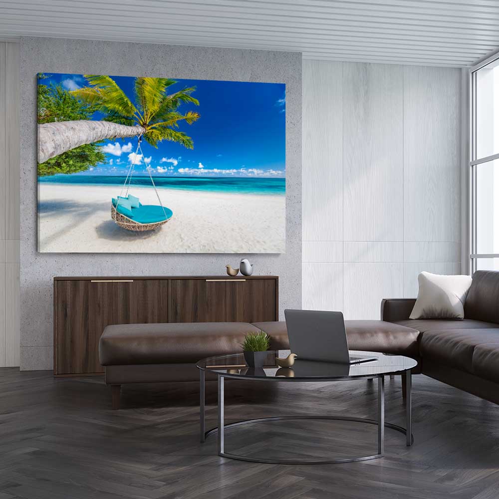 Beach and coastal wall art print of Paradise Swing on a stretched canvas displayed from an angle in a room