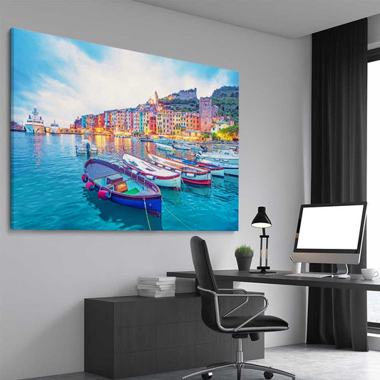 Beach and coastal wall art print of Porto Venere on a stretched canvas displayed from an angle in a room