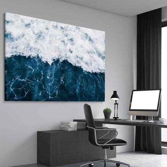 Beach and coastal wall art print of Refreshing Waves on a stretched canvas displayed from an angle in a room