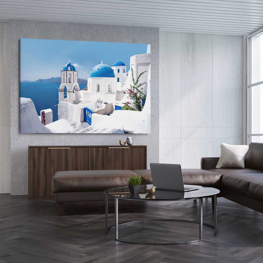 Beach and coastal wall art print of Santorini Views on a stretched canvas displayed from an angle in a room