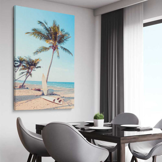 Beach and coastal wall art print of Surfing Break on a stretched canvas displayed from an angle in a room