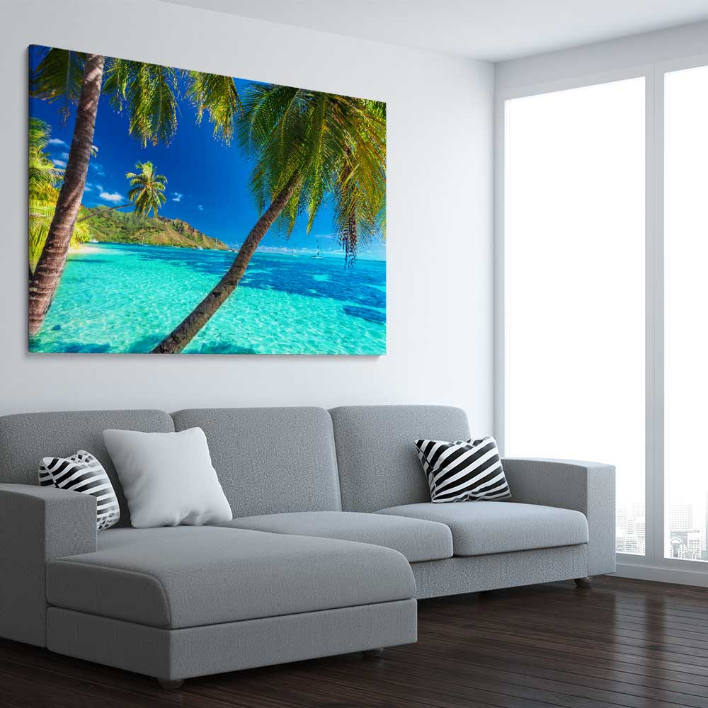 Beach and coastal wall art print of Tahiti Paradise on a stretched canvas displayed from an angle in a room