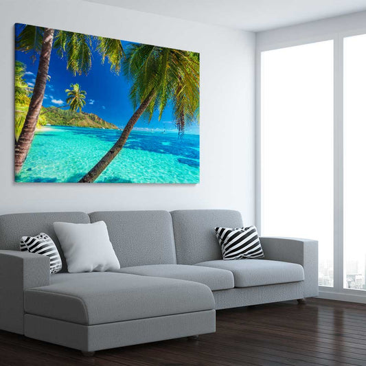 Beach and coastal wall art print of Tahiti Paradise on a stretched canvas displayed from an angle in a room
