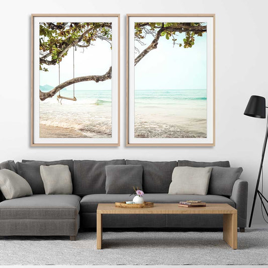 Beach and coastal wall art print of Tropical Beach Pair on a stretched canvas displayed from an angle in a room