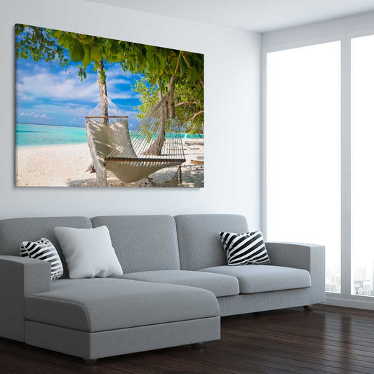 Beach and coastal wall art print of Tropical Bliss on a stretched canvas displayed from an angle in a room
