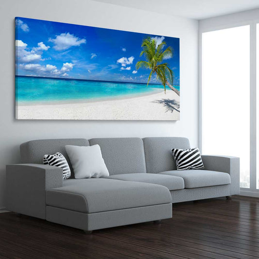 Beach and coastal wall art print of Tropical Escape on a stretched canvas displayed from an angle in a room