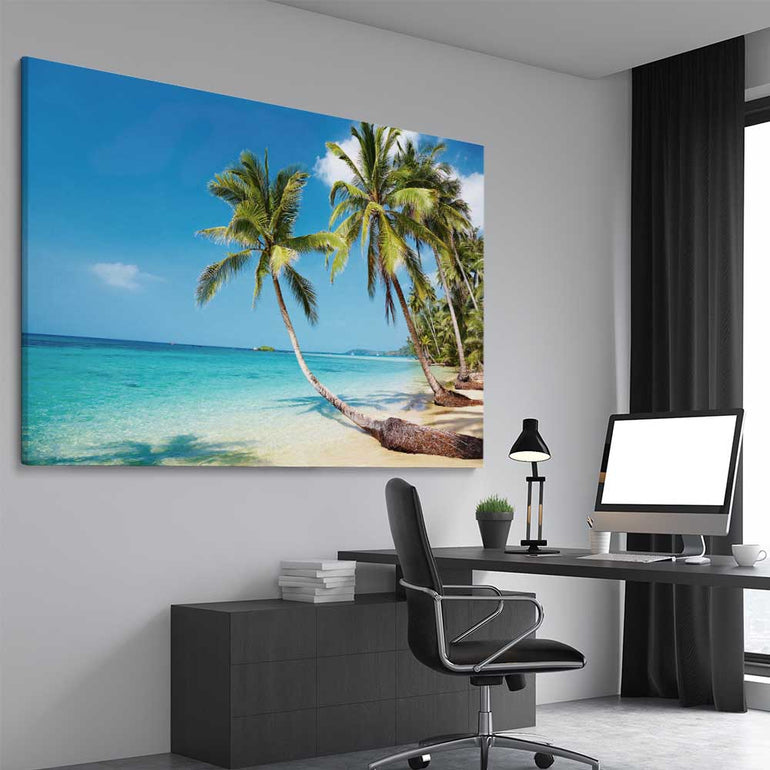Beach and coastal wall art print of Tropical Paradise on a stretched canvas displayed from an angle in a room