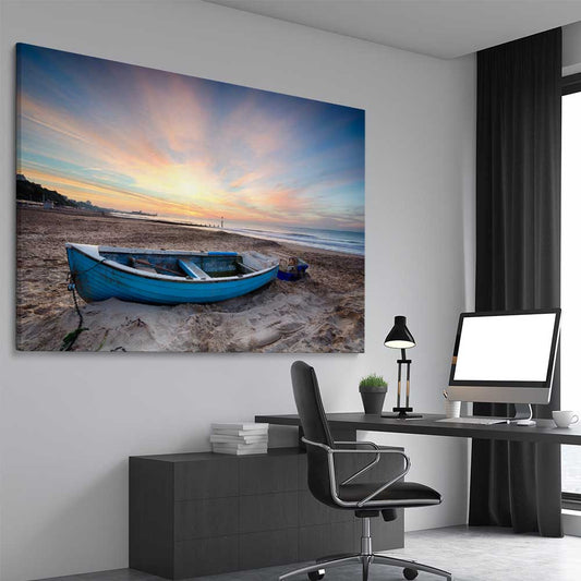 Beach and coastal wall art print of Vintage Fishing Boat on a stretched canvas displayed from an angle in a room