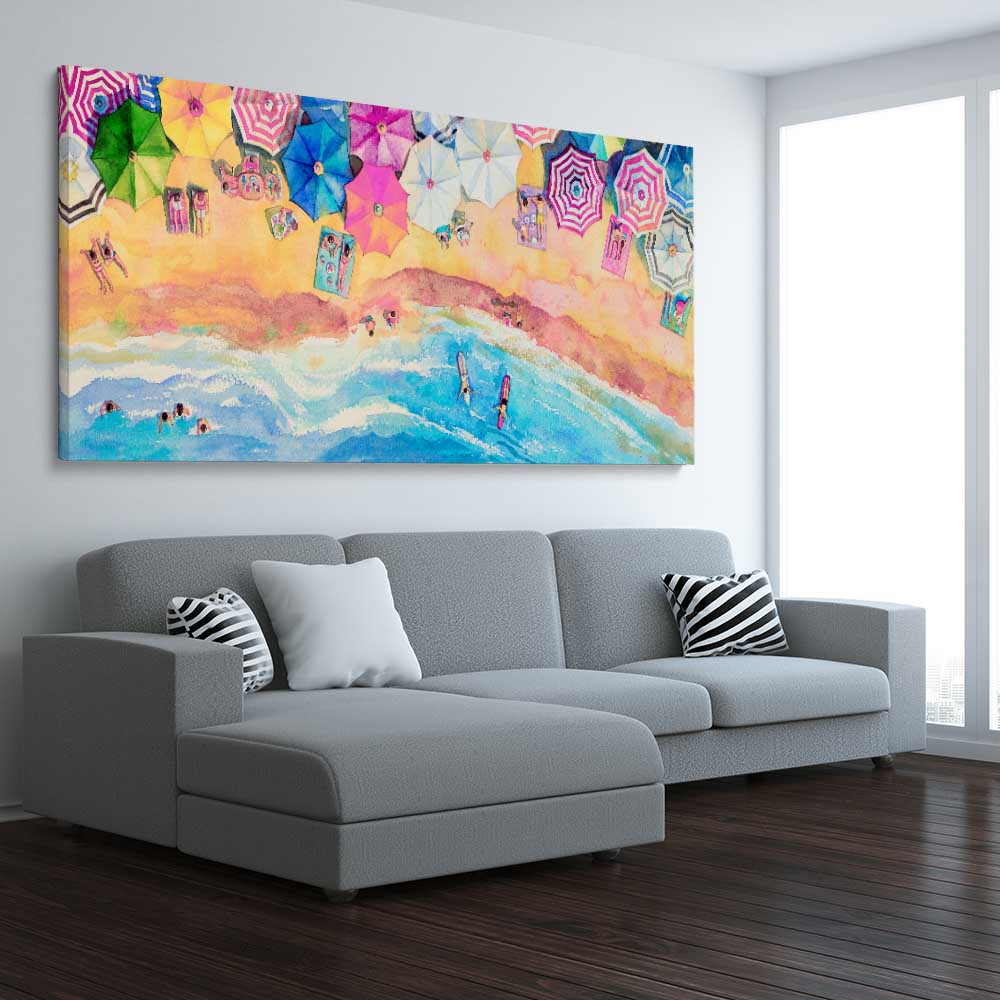 Beach and coastal wall art print of Watercolour Beachscape on a stretched canvas displayed from an angle in a room