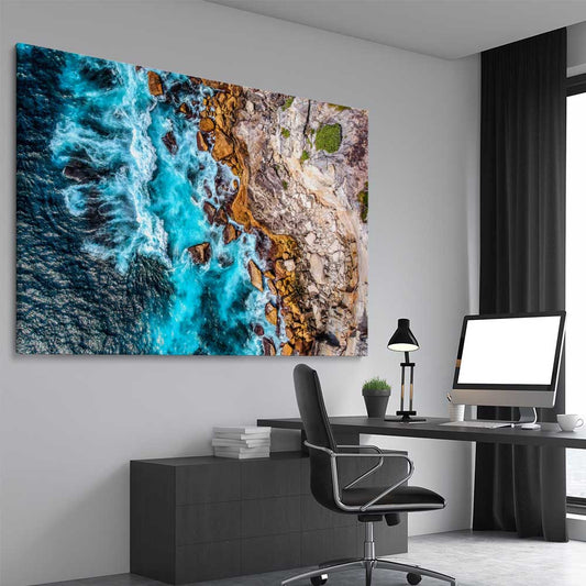 Beach and coastal wall art print of Watsons Bay Waves on a stretched canvas displayed from an angle in a room