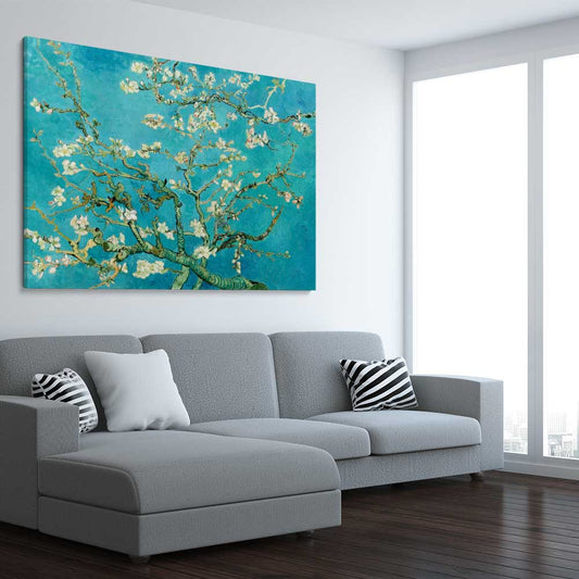 Classic wall art and canvas print of Almond Blossom Van Gogh on a stretched canvas displayed from an angle in a room