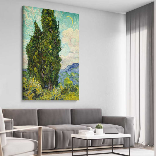 Classic wall art and canvas print of Cypresses Van Gogh on a stretched canvas displayed from an angle in a room
