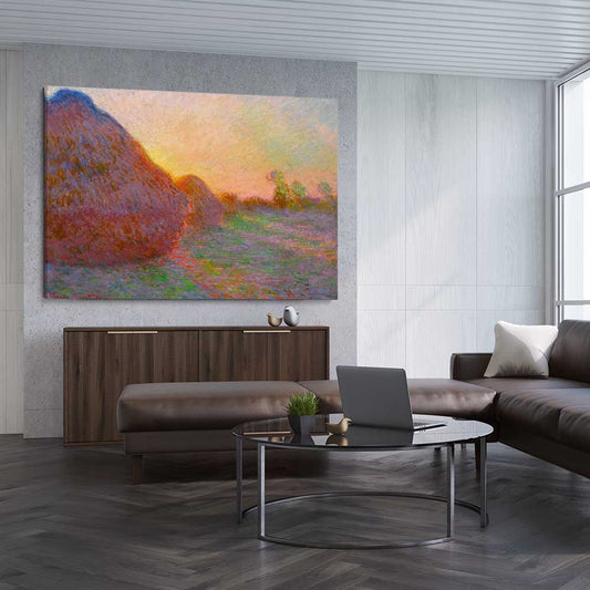 Classic wall art and canvas print of Haystacks Claude Monet on a stretched canvas displayed from an angle in a room