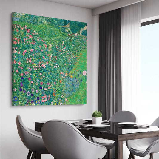 Classic wall art and canvas print of Italian Landscape Gustav Klimt on a stretched canvas displayed from an angle in a room