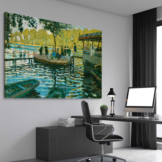 Classic wall art and canvas print of La Grenouillere Claude Monet on a stretched canvas displayed from an angle in a room