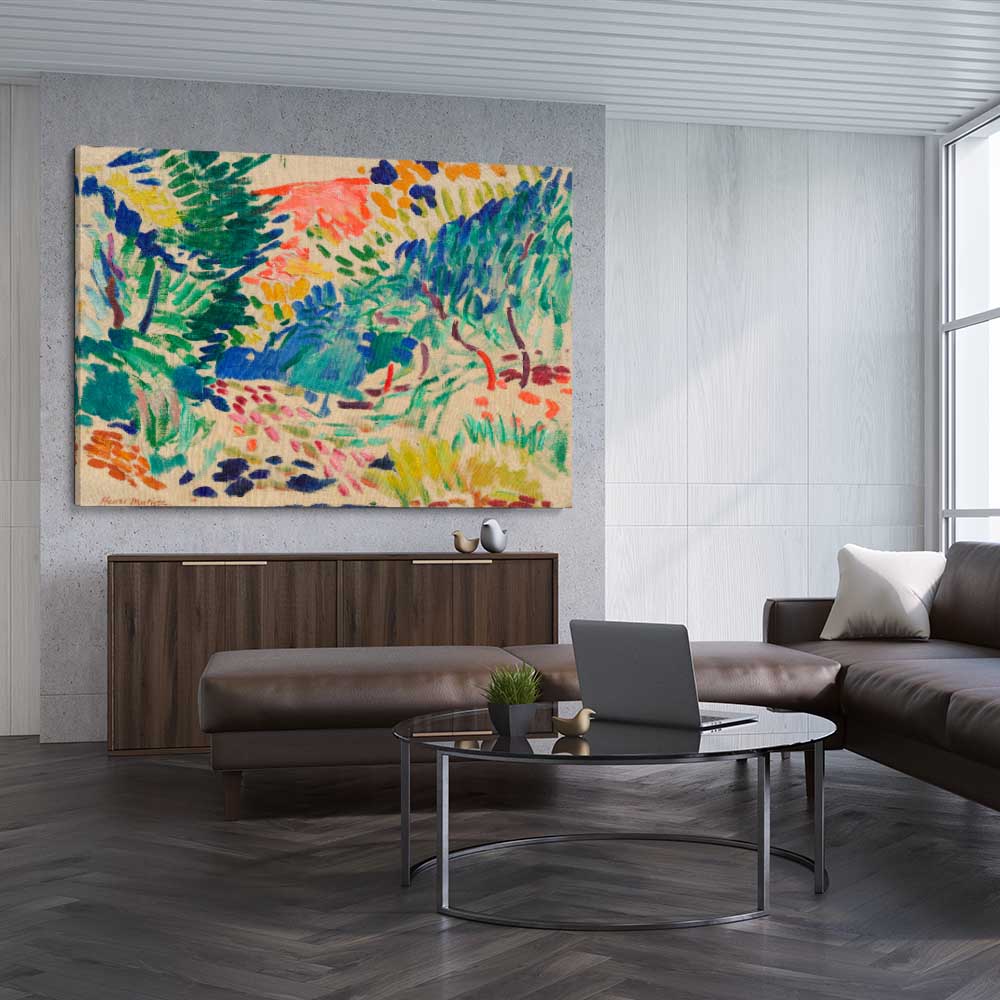 Classic wall art and canvas print of Landscape at Collioure Henri Matisse on a stretched canvas displayed from an angle in a room