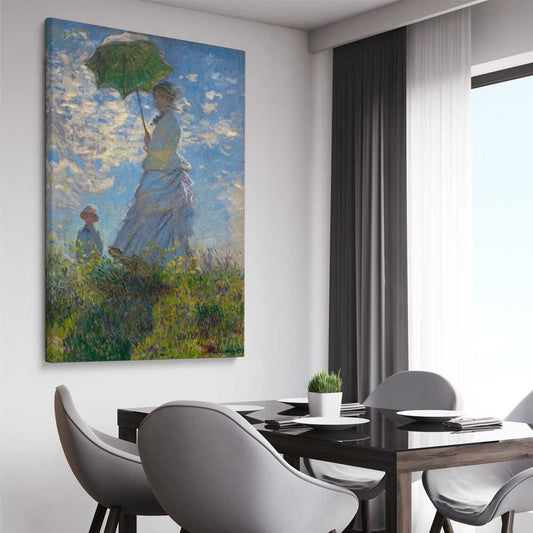 Classic wall art and canvas print of Madame Monet Claude Monet on a stretched canvas displayed from an angle in a room