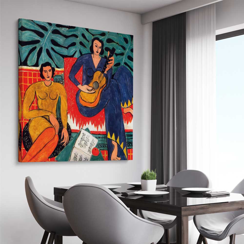 Classic wall art and canvas print of Music Henri Matisse on a stretched canvas displayed from an angle in a room