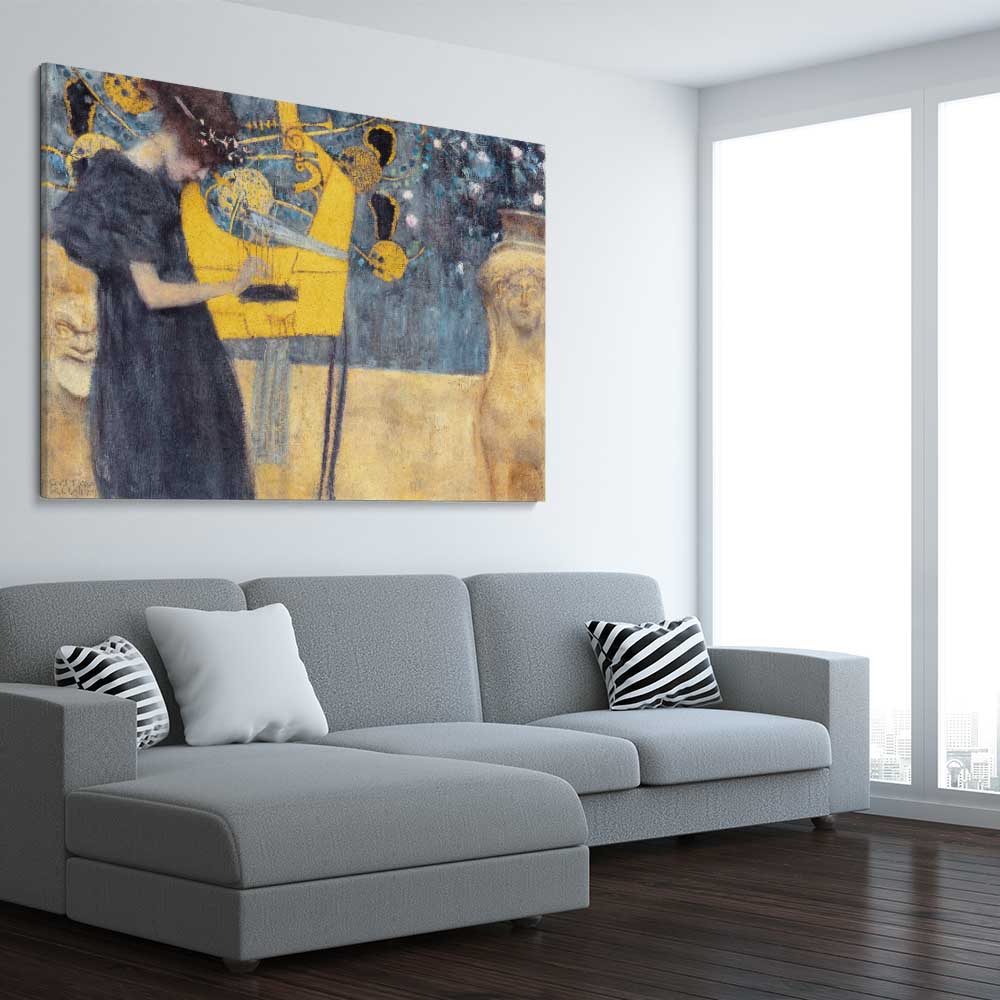 Classic wall art and canvas print of Music I Gustav Klimt on a stretched canvas displayed from an angle in a room