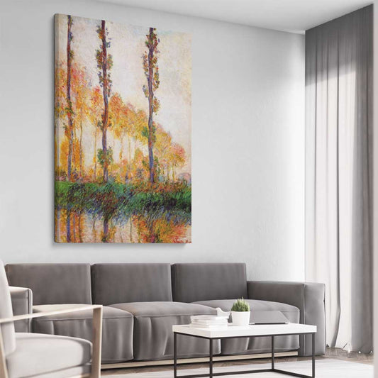 Classic wall art and canvas print of Poplars Claude Monet on a stretched canvas displayed from an angle in a room