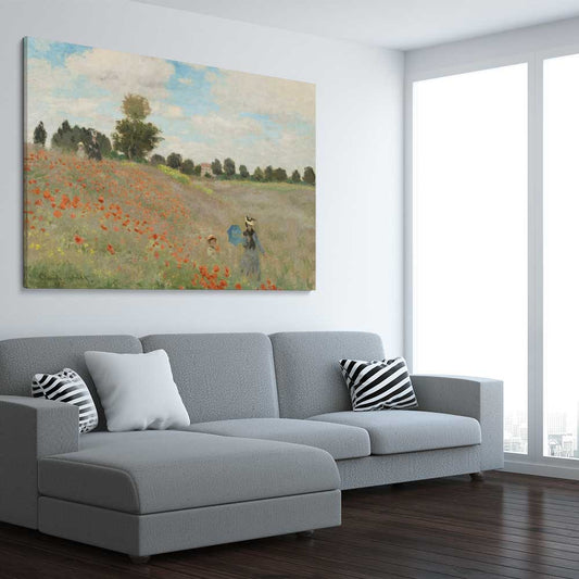 Classic wall art and canvas print of Poppy Field Claude Monet on a stretched canvas displayed from an angle in a room