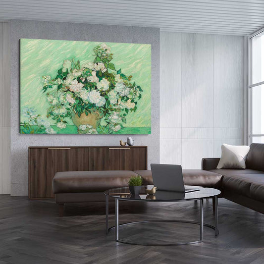 Classic wall art and canvas print of Roses Van Gogh on a stretched canvas displayed from an angle in a room