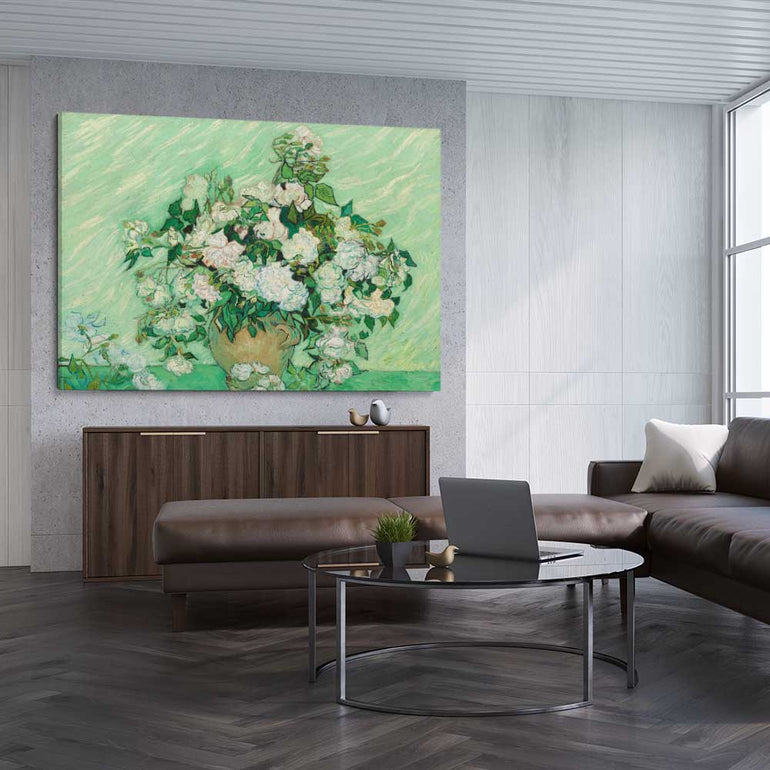 Classic wall art and canvas print of Roses Van Gogh on a stretched canvas displayed from an angle in a room