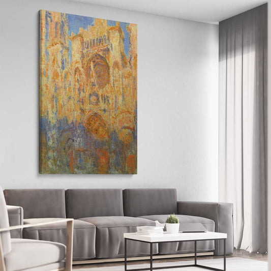 Classic wall art and canvas print of Rouen Cathedral Claude Monet on a stretched canvas displayed from an angle in a room