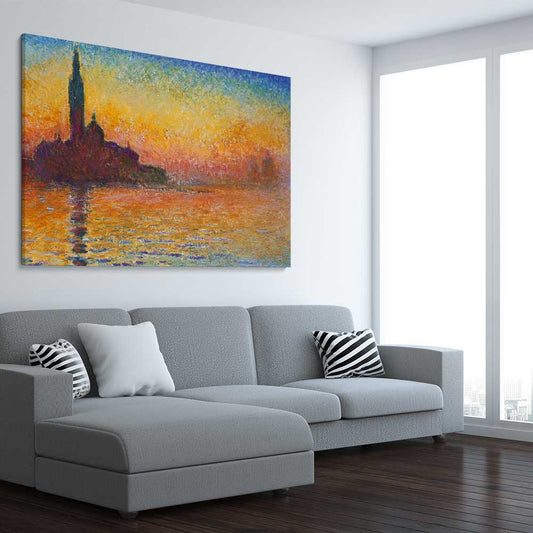 Classic wall art and canvas print of San Giorgio Claude Monet on a stretched canvas displayed from an angle in a room