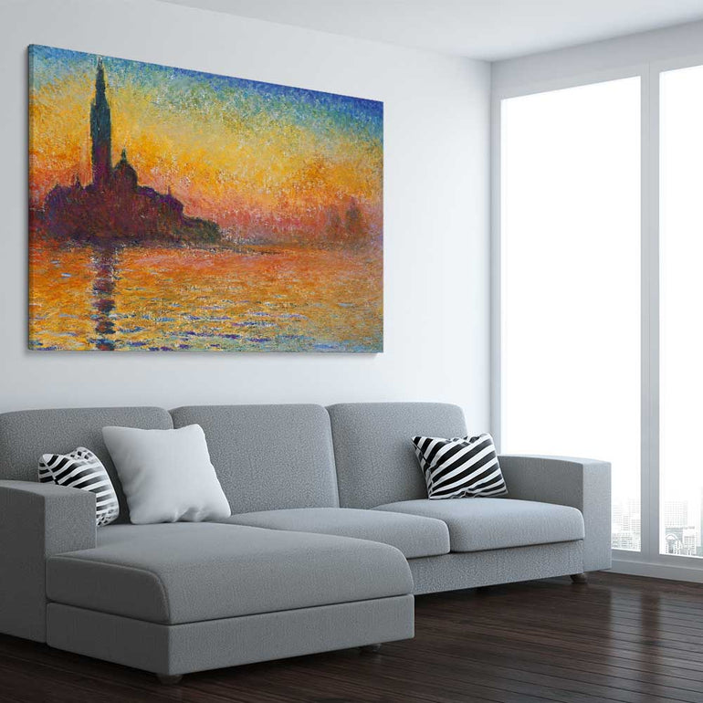 Classic wall art and canvas print of San Giorgio Claude Monet on a stretched canvas displayed from an angle in a room
