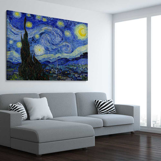 Classic wall art and canvas print of Starry Night Van Gogh on a stretched canvas displayed from an angle in a room