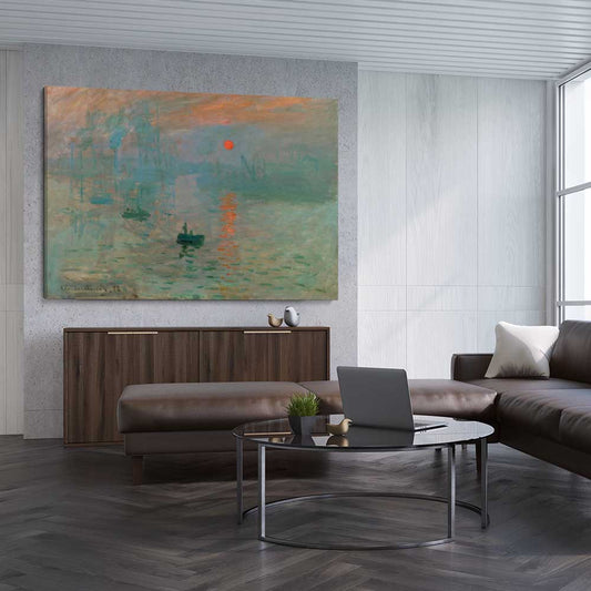 Classic wall art and canvas print of Sunrise Claude Monet on a stretched canvas displayed from an angle in a room