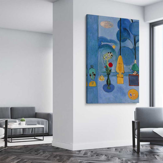 Classic wall art and canvas print of The Blue Window Henri Matisse on a stretched canvas displayed from an angle in a room