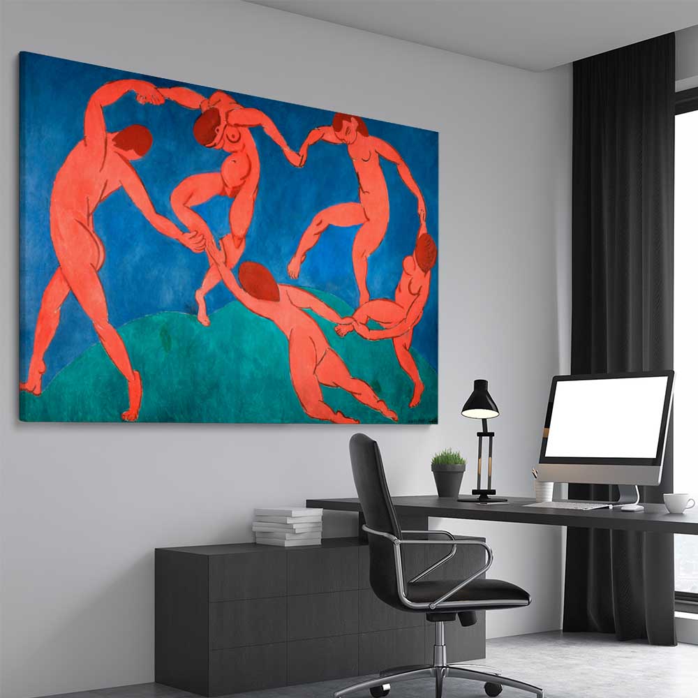 Classic wall art and canvas print of The Dance Henri Matisse on a stretched canvas displayed from an angle in a room