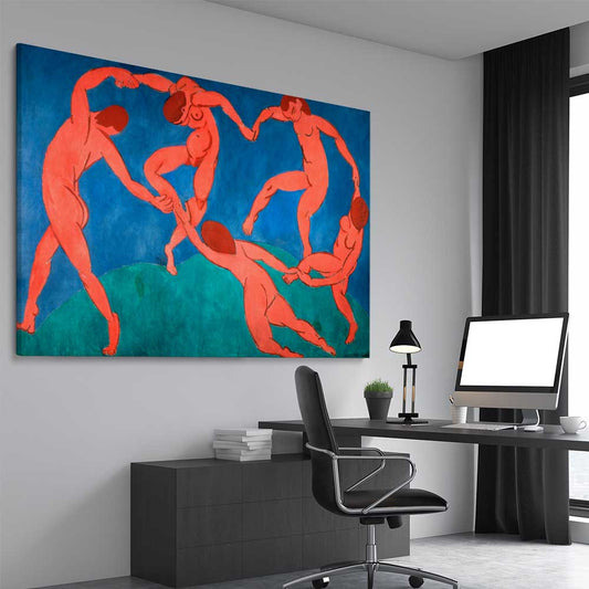Classic wall art and canvas print of The Dance Henri Matisse on a stretched canvas displayed from an angle in a room