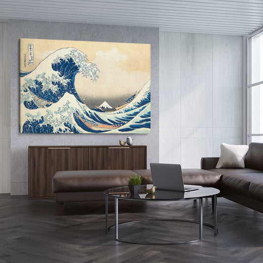 Classic wall art and canvas print of The Great Wave Hokusai on a stretched canvas displayed from an angle in a room