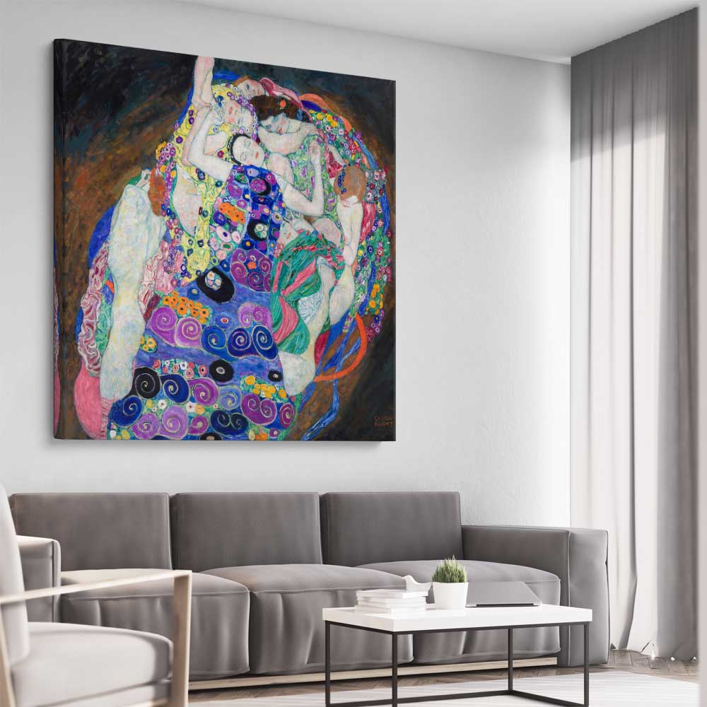 Classic wall art and canvas print of The Virgin Gustav Klimt on a stretched canvas displayed from an angle in a room