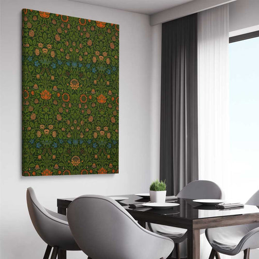 Classic wall art and canvas print of Violet Columbine William Morris on a stretched canvas displayed from an angle in a room