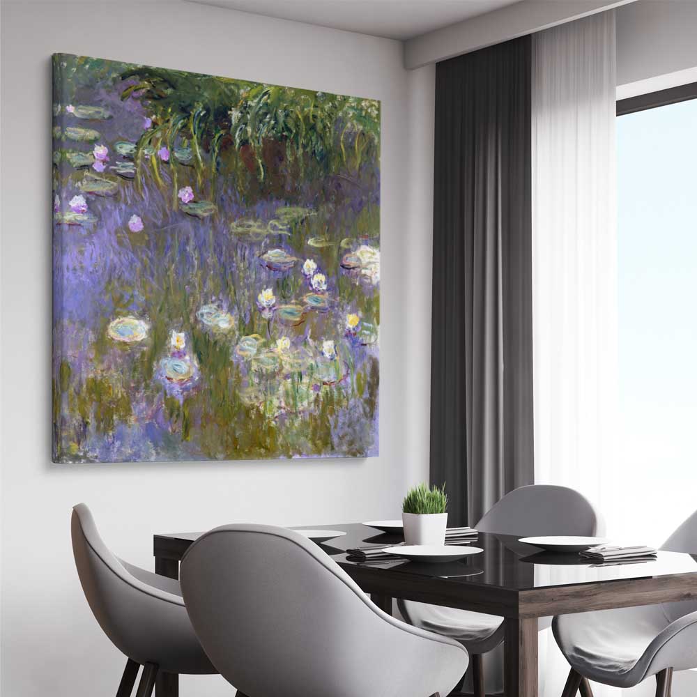 Classic wall art and canvas print of Water Lilies Claude Monet on a stretched canvas displayed from an angle in a room