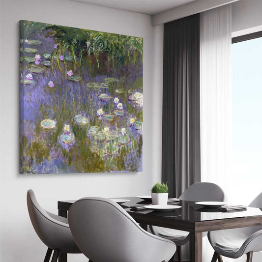 Classic wall art and canvas print of Water Lilies Claude Monet on a stretched canvas displayed from an angle in a room