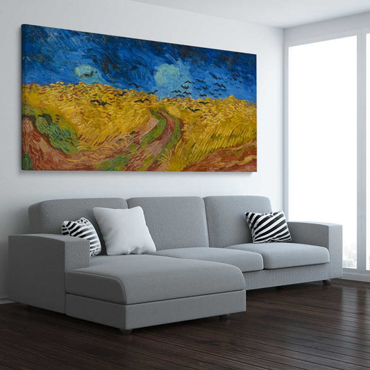 Classic wall art and canvas print of Wheatfield with Crows Van Gogh on a stretched canvas displayed from an angle in a room