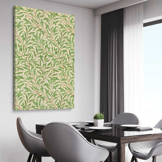 Classic wall art and canvas print of Willow Bough William Morris on a stretched canvas displayed from an angle in a room