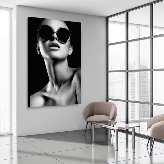 Behind the Shades stretched canvas displayed from an angle in a room - part of our high quality fashion canvas wall art and prints collection